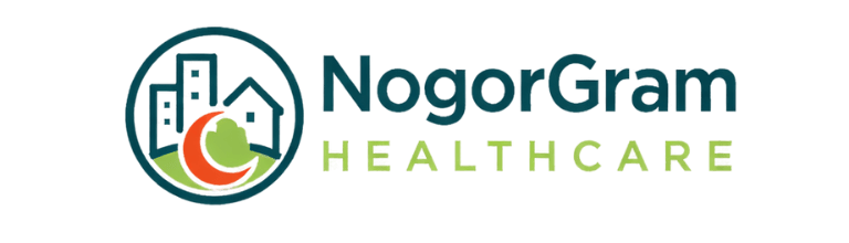 nogorgram healthcare logo. Text says nogorgram healthcare next to a circle which contain city apartments and village home.